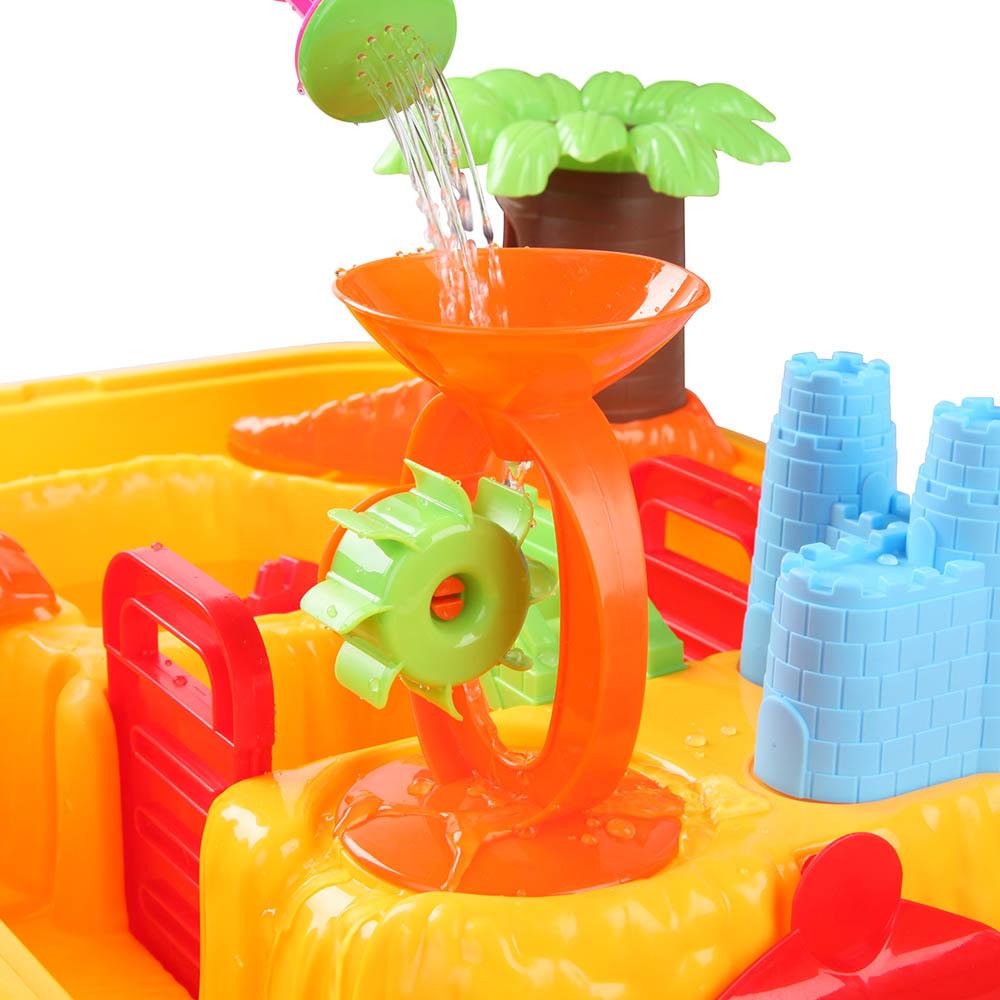 Keezi Kids Table & Chair Sandpit Set featuring colorful sand and water play accessories, including a water wheel, sand moulds, and a chair.